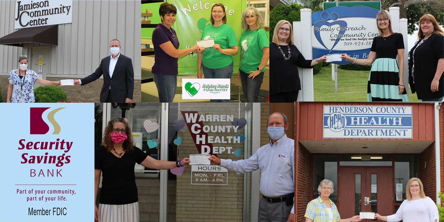 Security Savings Bank employees giving checks to Jamieson Community Center, Helping Hands of Roseville food pantry, Family Outreach Community Center, Warren County Health Department, Henderson County Health Department