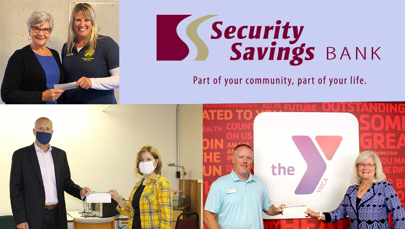 Security Savings Bank employees giving checks to Warren County YMCA, Strom Center, Rainbow Riders